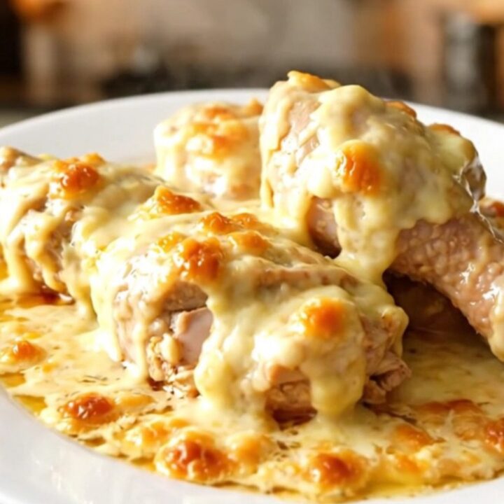 A finished dish of creamy white wine and Chaource cheese chicken served on a plain white plate.