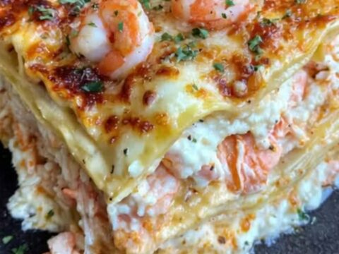 A tall slice of creamy seafood lasagna on a dark stoneware plate showing distinct layers.