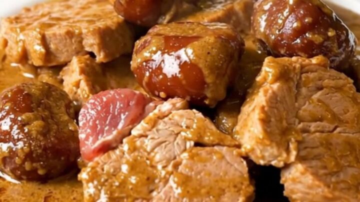 A steaming plate of slow-cooked pork shoulder pieces and glazed chestnuts in a rich, creamy sauce.