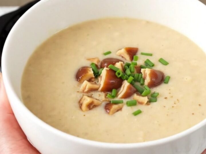 A white bowl filled with creamy, steaming parsnip and chestnut velouté topped with chopped chestnut pieces.