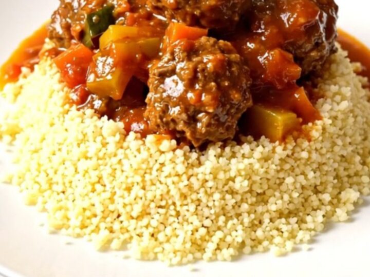 A rustic bowl of slow-cooked beef meatballs and vegetables in a rich tomato sauce served over a bed of fluffy couscous.