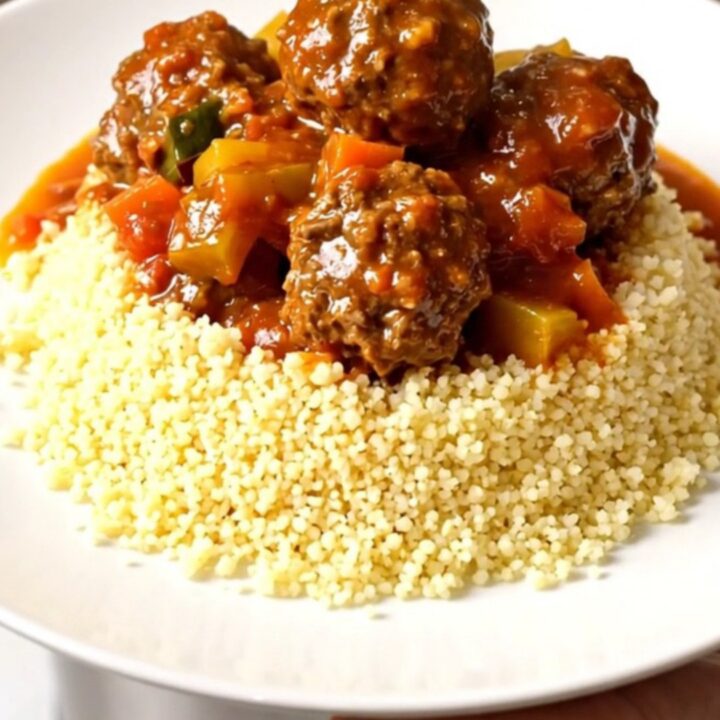 A rustic bowl of slow-cooked beef meatballs and vegetables in a rich tomato sauce served over a bed of fluffy couscous.