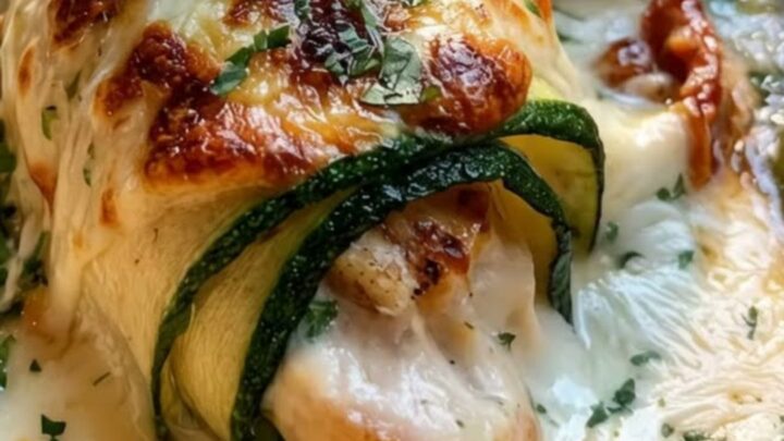 A rustic ceramic dish filled with creamy zucchini chicken roll-ups topped with melted cheese and fresh basil.