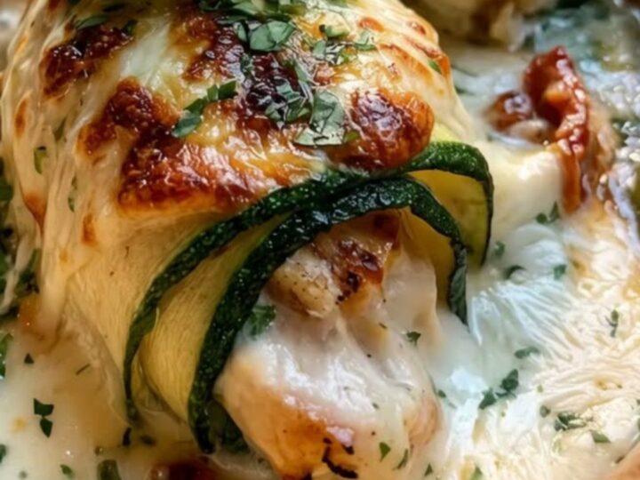 A rustic ceramic dish filled with creamy zucchini chicken roll-ups topped with melted cheese and fresh basil.