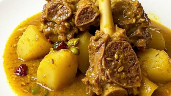A white round plate filled with tender, steaming lamb colombo stew with chunks of potato.