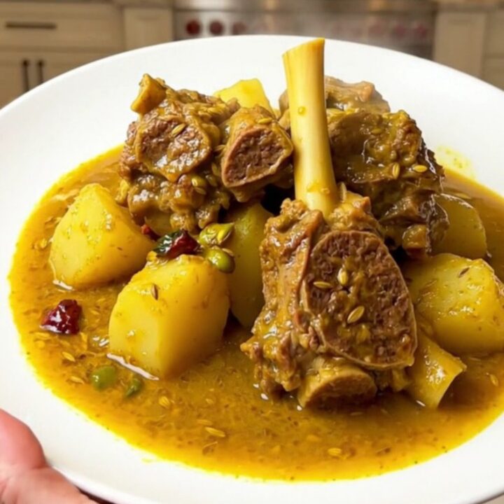 A white round plate filled with tender, steaming lamb colombo stew with chunks of potato.