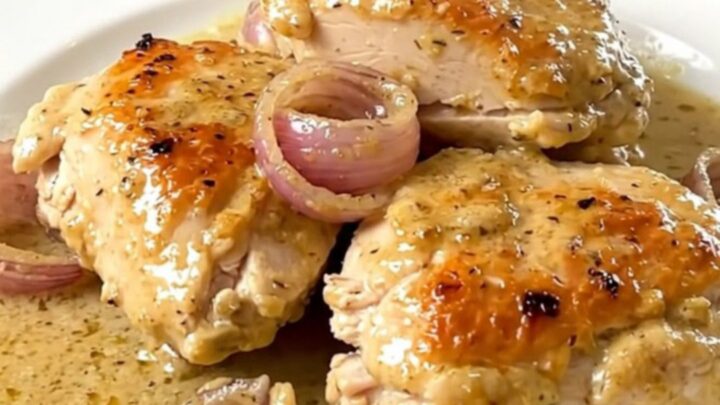 A rustic, creamy chicken dish with tender shallots served on a white plate.