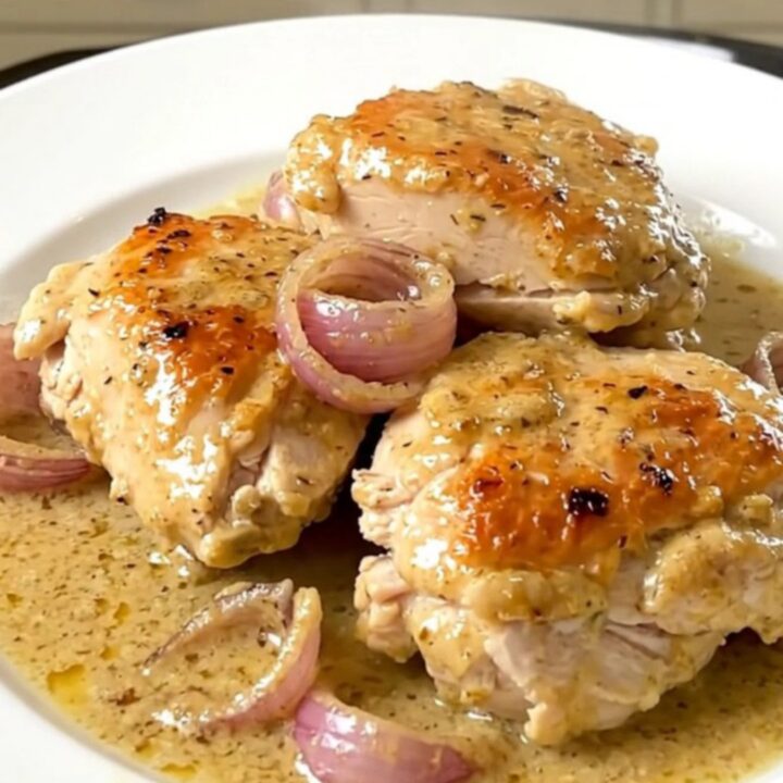 A rustic, creamy chicken dish with tender shallots served on a white plate.