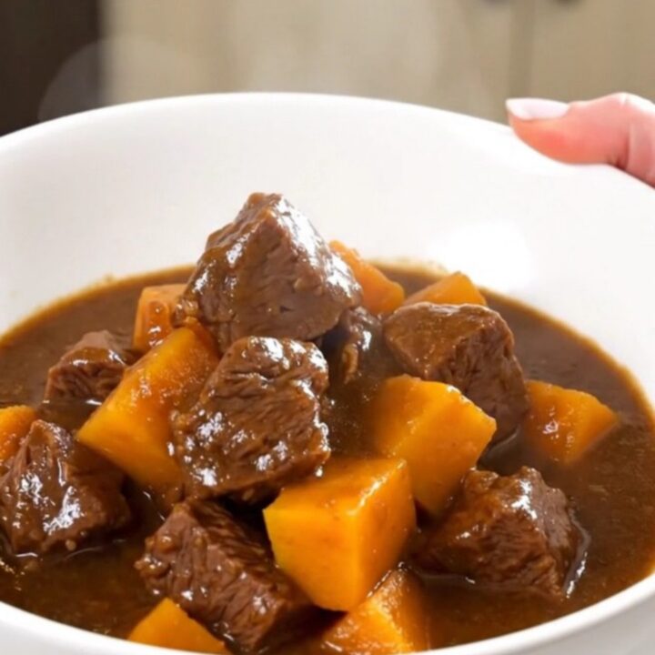 Ragoût de bœuf tendre servi dans une assiette blanche avec des morceaux de potimarron.