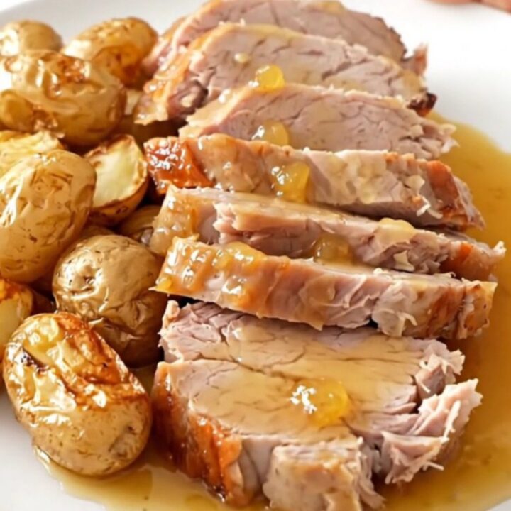 A rustic slow cooker pork roast served with golden baby potatoes and a glossy cider sauce on a white plate.