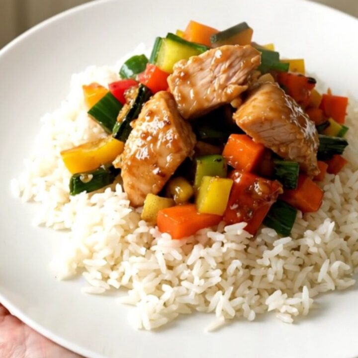 Vue de dessus d'un mijoté de poulet aux carottes et poireaux dans une mijoteuse noire sur un plan de travail en quartz.