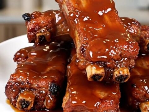 Travers de porc caramélisés et fondants servis dans une assiette blanche avec une sauce brillante.