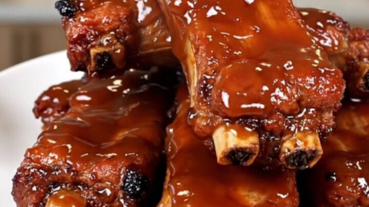 Travers de porc caramélisés et fondants servis dans une assiette blanche avec une sauce brillante.