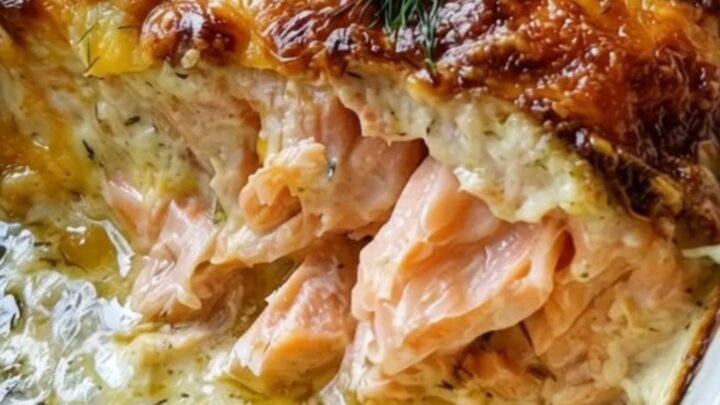 A white baking dish filled with creamy baked salmon topped with a golden-brown bubbly cheese crust and fresh dill.