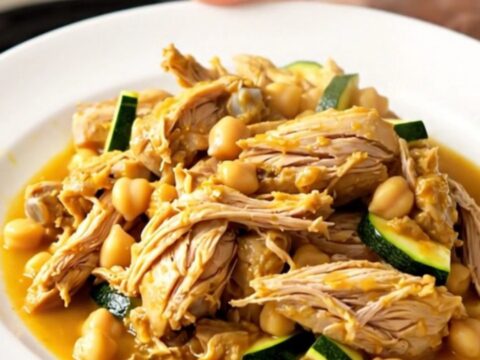 Tajine de poulet aux courgettes et pois chiches servi dans une assiette blanche, fumant et appétissant.