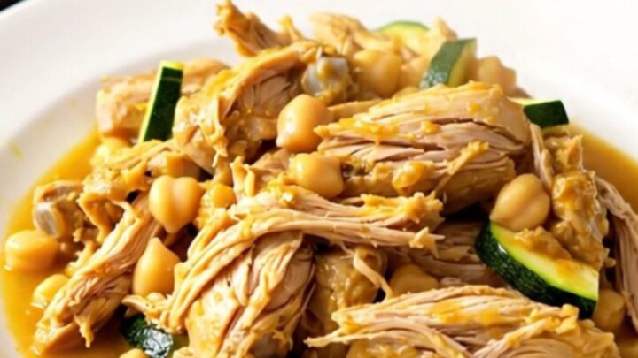 Tajine de poulet aux courgettes et pois chiches servi dans une assiette blanche, fumant et appétissant.
