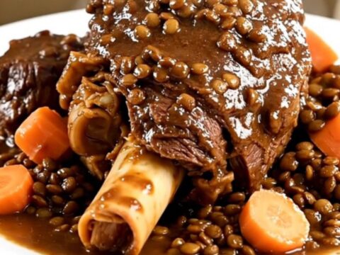 A close-up of a slow cooker beef shank dish with lentils and carrots in a black oval pot.