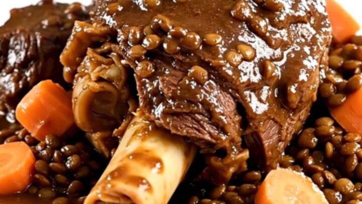 A close-up of a slow cooker beef shank dish with lentils and carrots in a black oval pot.