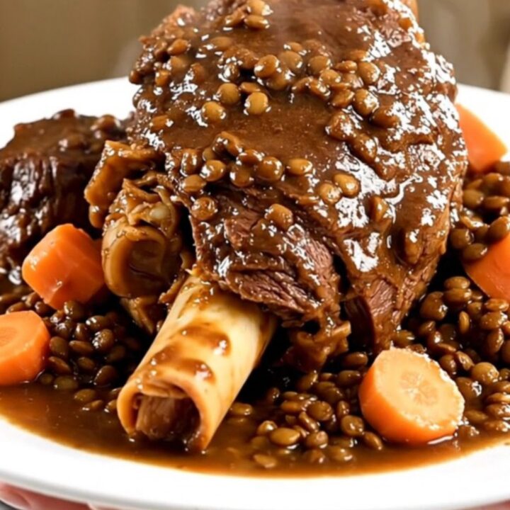A close-up of a slow cooker beef shank dish with lentils and carrots in a black oval pot.