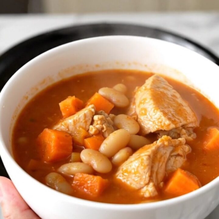 A white bowl filled with steaming chicken and white bean stew on a speckled quartz countertop.