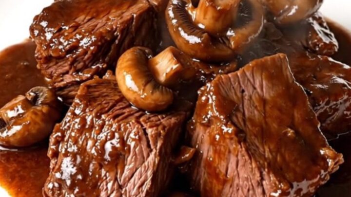 A rustic bowl of slow-cooked braised beef with sliced mushrooms and a rich, glossy red wine sauce.