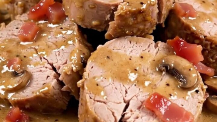 Filet mignon en médaillons nappé d'une sauce crémeuse aux champignons et lardons sur une assiette blanche.