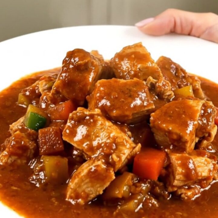 A steaming bowl of turkey peanut stew served on a white plate with a rich, glossy sauce.