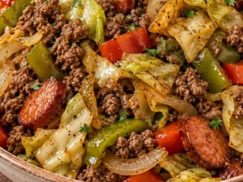 A speckled ceramic bowl filled with savory dirty cabbage, smoked turkey sausage, and colorful peppers.