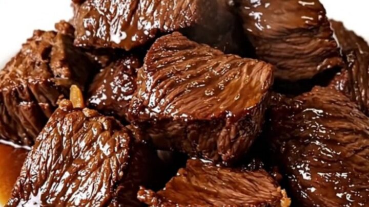 A close-up of tender, dark, glossy beef chunks in a rich sauce served on a white plate.