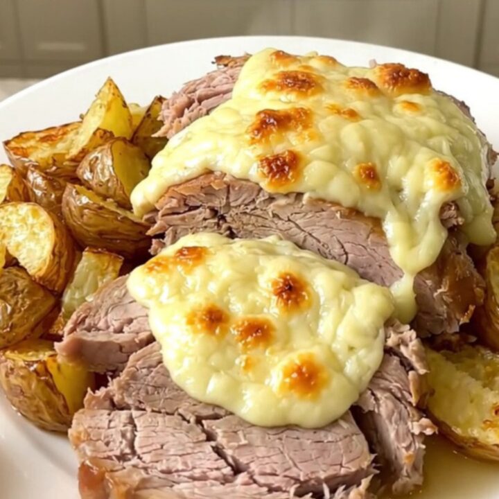 Rôti de porc fondant nappé de cantal fondu et accompagné de pommes de terre dorées dans une mijoteuse.
