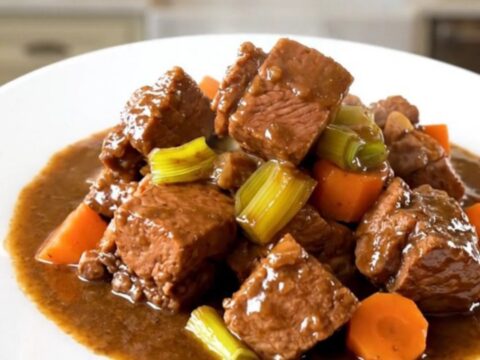 A white plate featuring tender chunks of slow-cooked pork stew with sliced leeks and carrots in a rich, glossy broth.