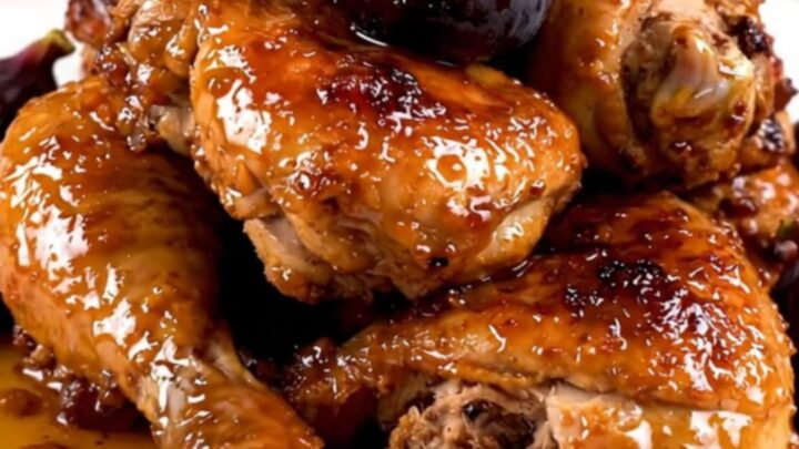 A close-up shot of slow-cooked chicken thighs with figs and onions on a white plate.