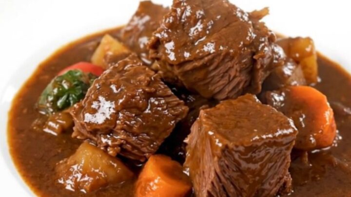 A steaming bowl of red wine beef stew with tender beef cubes and bright orange carrot slices in a rich dark sauce.