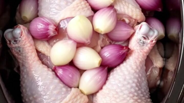 A close-up of tender chicken thighs covered in a glossy red wine glaze with whole shallots on a white plate.