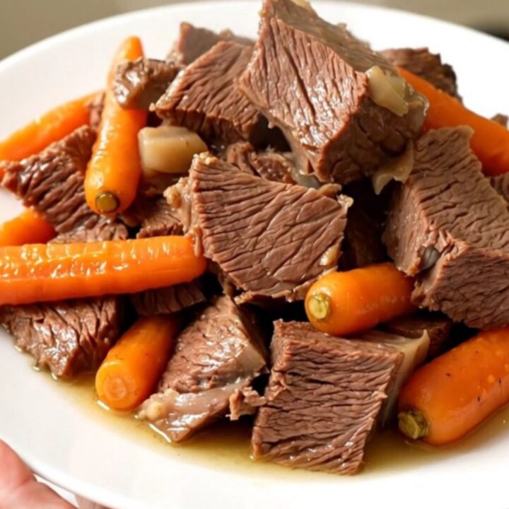 A rustic slow cooker filled with tender braised beef chuck, whole carrots, and halved turnips in a rich broth.