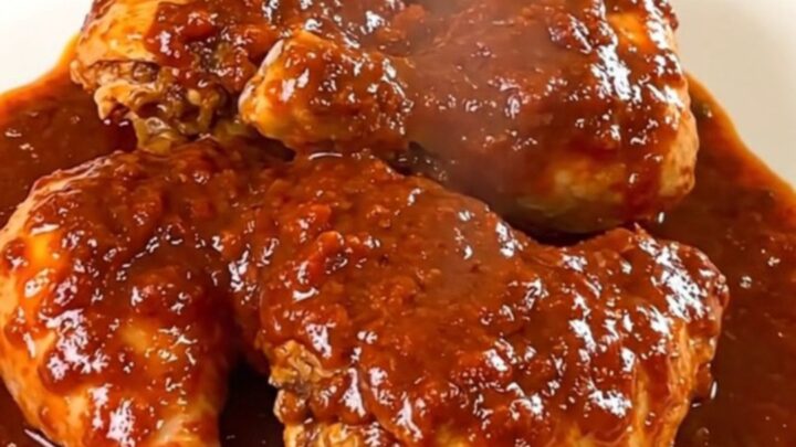 A finished dish of deviled chicken with a glossy sauce served on a white plate.