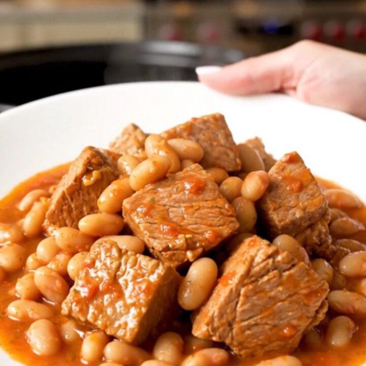 A rustic, steaming bowl of slow-cooked pork shoulder with tender white beans and a rich tomato sauce.