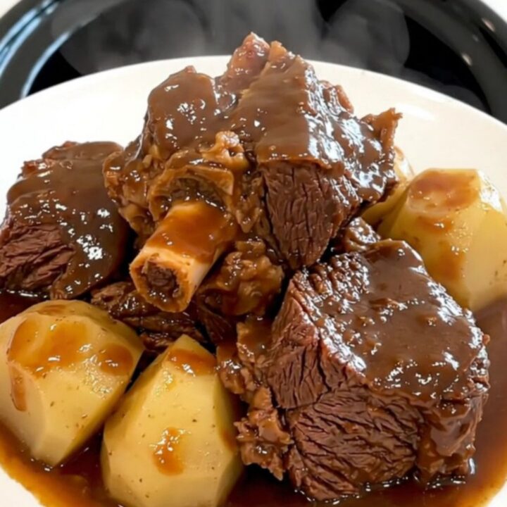 Jarret de bœuf braisé avec des navets fondants dans une mijoteuse sur un comptoir en quartz.