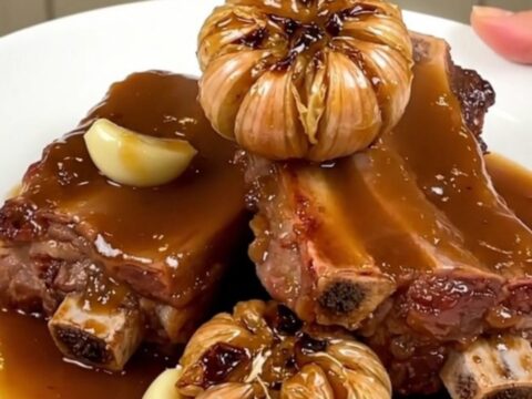 A rustic platter of slow-cooked pork ribs topped with soft garlic cloves and herbs.