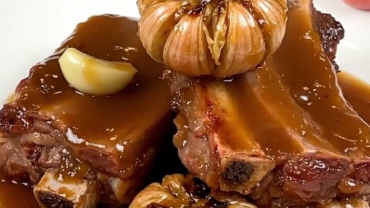 A rustic platter of slow-cooked pork ribs topped with soft garlic cloves and herbs.