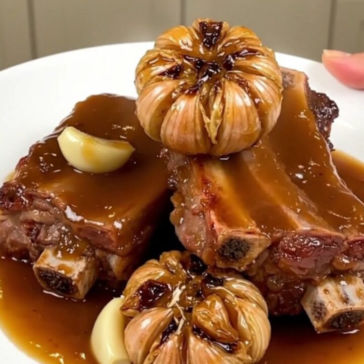 A rustic platter of slow-cooked pork ribs topped with soft garlic cloves and herbs.