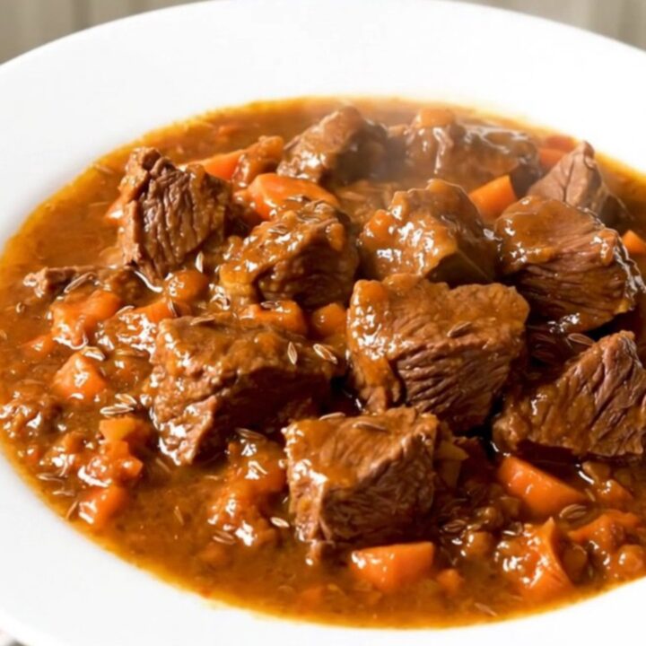 A steaming, glossy beef goulash served on a plain white round plate, showing tender beef chunks and bright orange carrots.