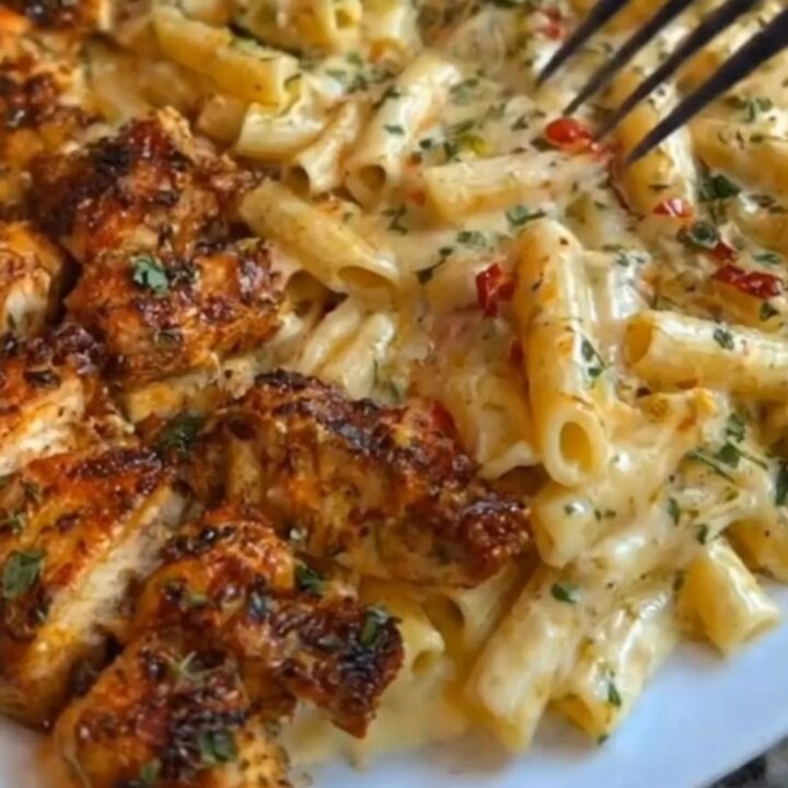 A close-up shot of a fork lifting cheesy penne pasta with a glossy mozzarella cheese pull.