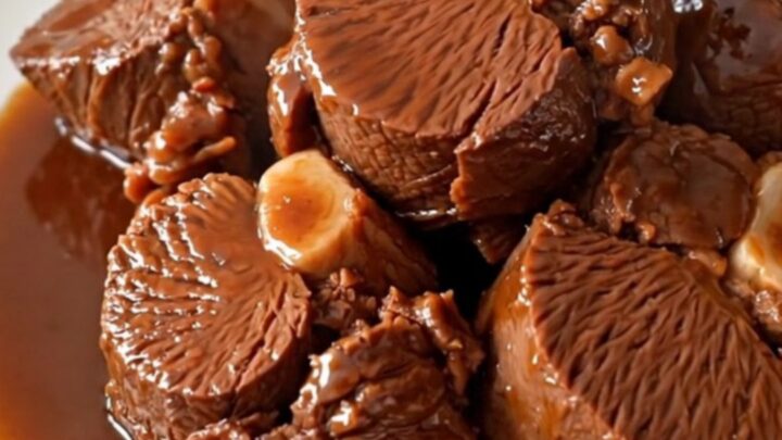 Close up of tender braised beef cheeks in a rich red wine sauce with whole shallots.