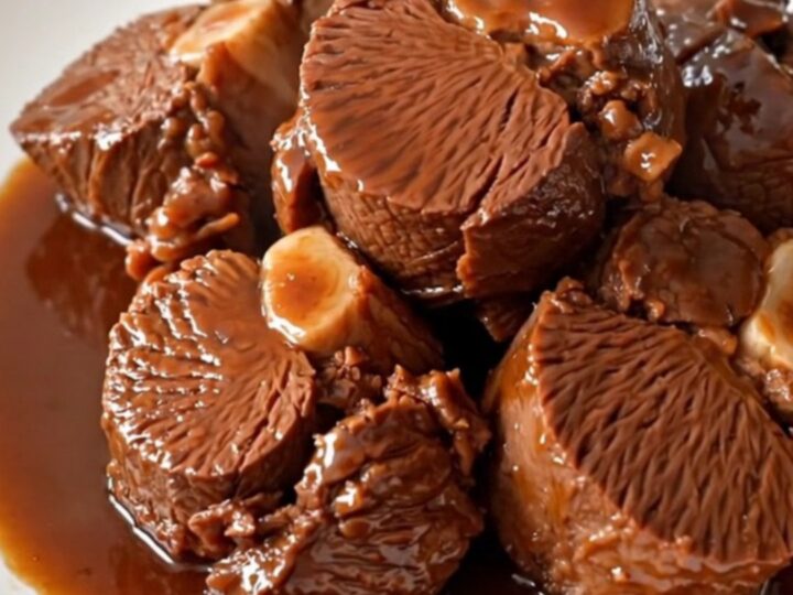 Close up of tender braised beef cheeks in a rich red wine sauce with whole shallots.