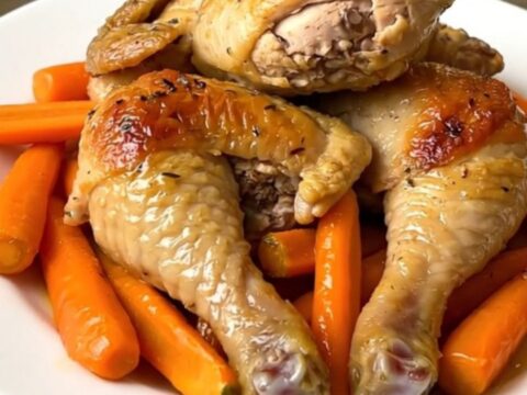 A golden, saffron-infused chicken thigh served with tender, sliced carrots on a white plate.