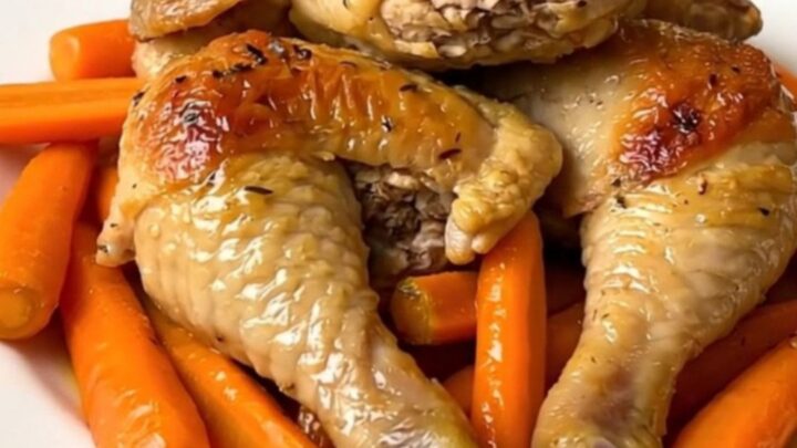 A golden, saffron-infused chicken thigh served with tender, sliced carrots on a white plate.
