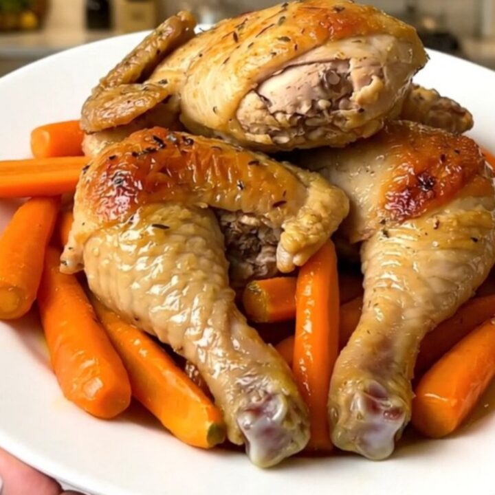 A golden, saffron-infused chicken thigh served with tender, sliced carrots on a white plate.