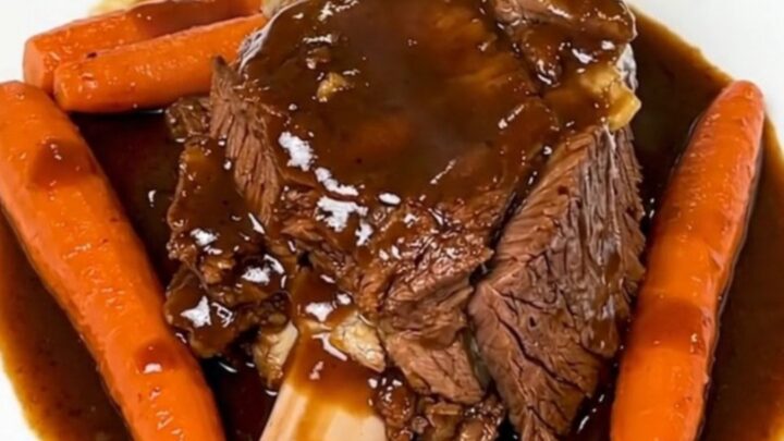 A rustic plate featuring a tender, slow-cooked beef shank with glossy, soft carrots in a rich, red wine sauce.