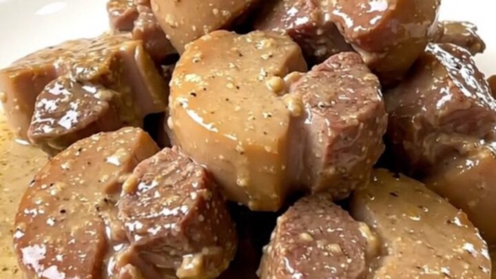 A close-up of tender pork cheeks in a creamy leek sauce served on a white plate.